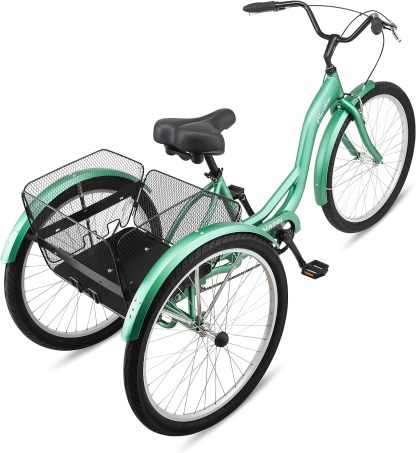Schwinn Meridian Adult Tricycle Bike, Three Wheel Beach Cruiser, 24 & 26-Inch Wheels, Low Step-Through Aluminum Frame, Adjustable Handlebars, Large Cruiser Seat, Rear Folding Basket