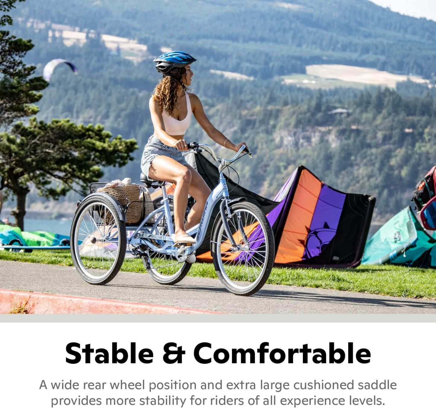 Schwinn Meridian Adult Tricycle Bike, Three Wheel Beach Cruiser, 24 & 26-Inch Wheels, Low Step-Through Aluminum Frame, Adjustable Handlebars, Large Cruiser Seat, Rear Folding Basket