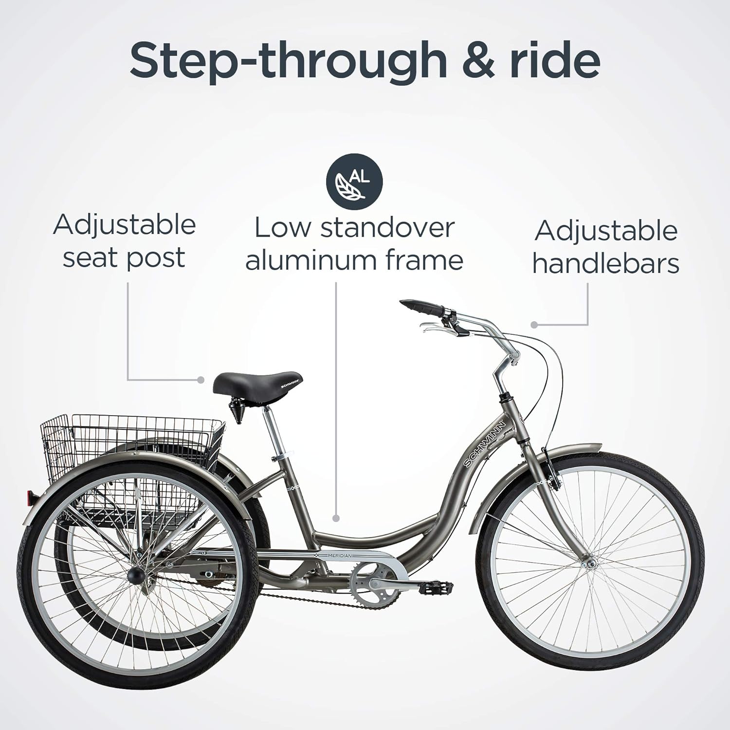 Schwinn Meridian Adult Tricycle Bike, Three Wheel Beach Cruiser, 24 & 26-Inch Wheels, Low Step-Through Aluminum Frame, Adjustable Handlebars, Large Cruiser Seat, Rear Folding Basket