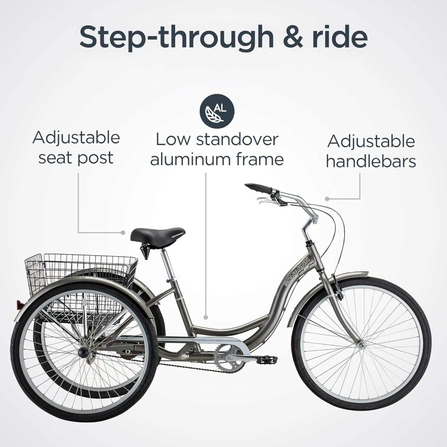 Schwinn Meridian Adult Tricycle Bike, Three Wheel Beach Cruiser, 24 & 26-Inch Wheels, Low Step-Through Aluminum Frame, Adjustable Handlebars, Large Cruiser Seat, Rear Folding Basket