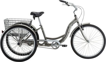 Schwinn Meridian Adult Tricycle Bike, Three Wheel Beach Cruiser, 24 & 26-Inch Wheels, Low Step-Through Aluminum Frame, Adjustable Handlebars, Large Cruiser Seat, Rear Folding Basket
