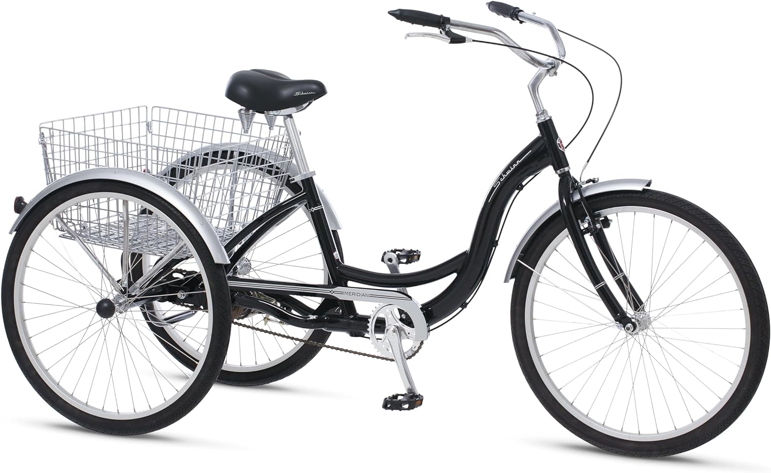 Schwinn Meridian Adult Tricycle Bike, Three Wheel Beach Cruiser, 24 & 26-Inch Wheels, Low Step-Through Aluminum Frame, Adjustable Handlebars, Large Cruiser Seat, Rear Folding Basket