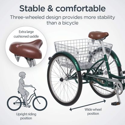 Schwinn Meridian Adult Tricycle Bike, Three Wheel Beach Cruiser, 24 & 26-Inch Wheels, Low Step-Through Aluminum Frame, Adjustable Handlebars, Large Cruiser Seat, Rear Folding Basket