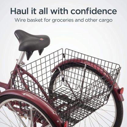 Schwinn Meridian Adult Tricycle Bike, Three Wheel Beach Cruiser, 24 & 26-Inch Wheels, Low Step-Through Aluminum Frame, Adjustable Handlebars, Large Cruiser Seat, Rear Folding Basket