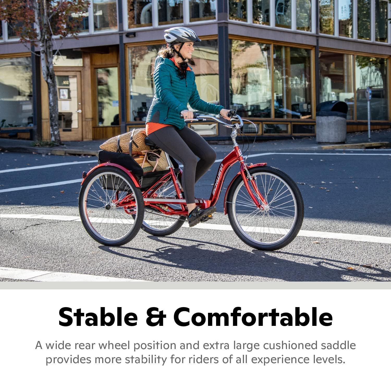 Schwinn Meridian Adult Tricycle Bike, Three Wheel Beach Cruiser, 24 & 26-Inch Wheels, Low Step-Through Aluminum Frame, Adjustable Handlebars, Large Cruiser Seat, Rear Folding Basket