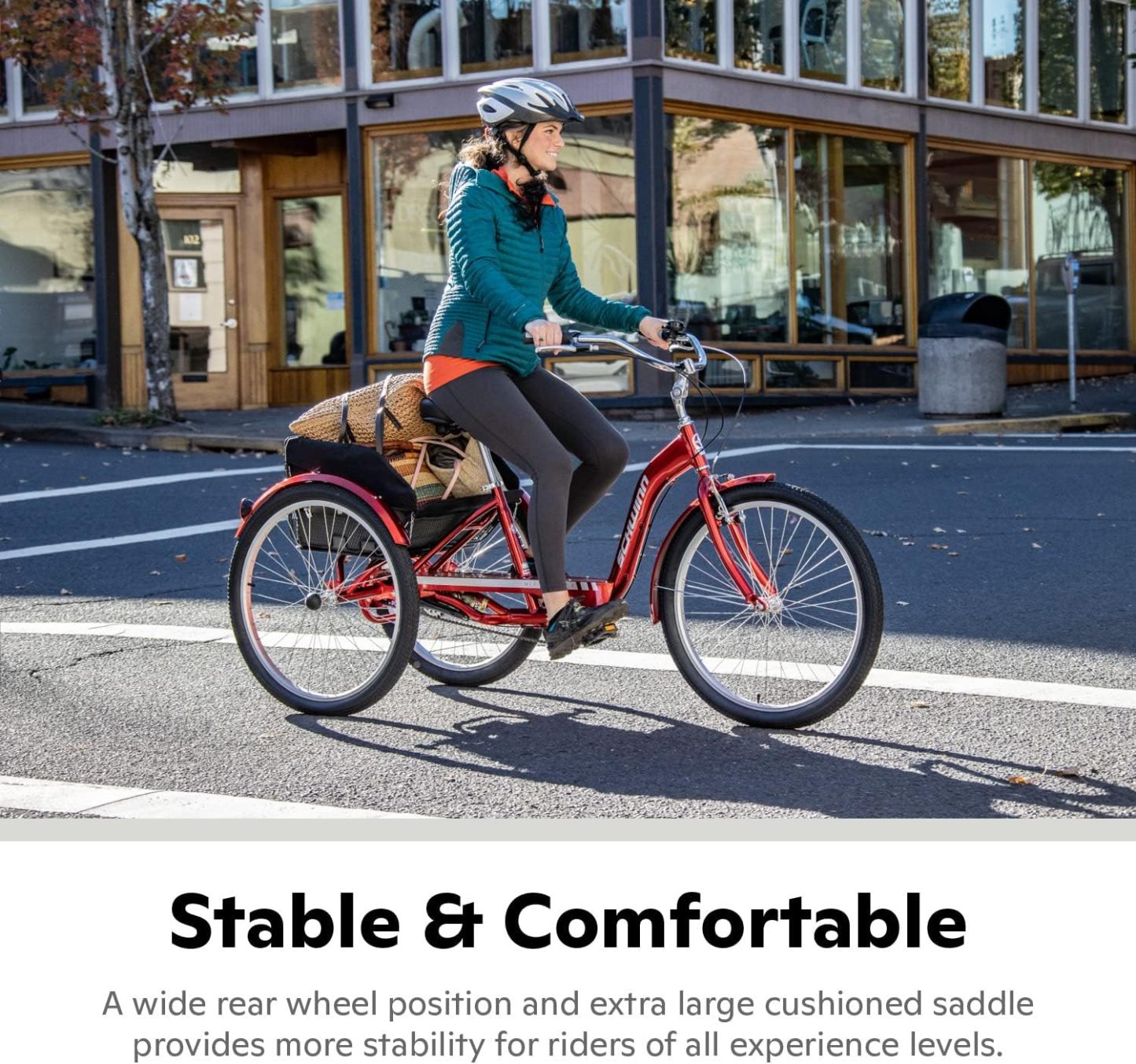 Schwinn Meridian Adult Tricycle Bike, Three Wheel Beach Cruiser, 24 & 26-Inch Wheels, Low Step-Through Aluminum Frame, Adjustable Handlebars, Large Cruiser Seat, Rear Folding Basket