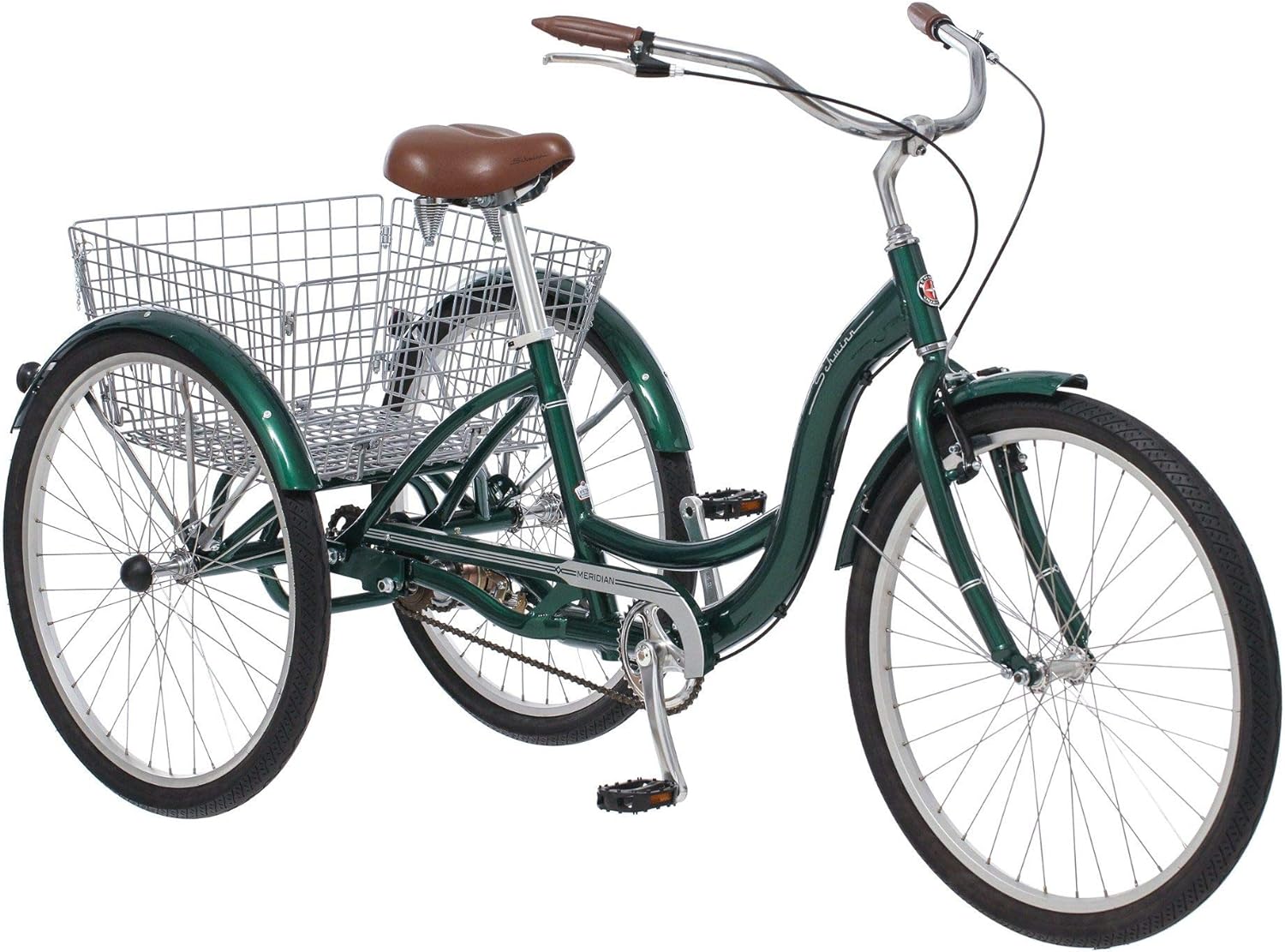 Schwinn Meridian Adult Tricycle Bike, Three Wheel Beach Cruiser, 24 & 26-Inch Wheels, Low Step-Through Aluminum Frame, Adjustable Handlebars, Large Cruiser Seat, Rear Folding Basket