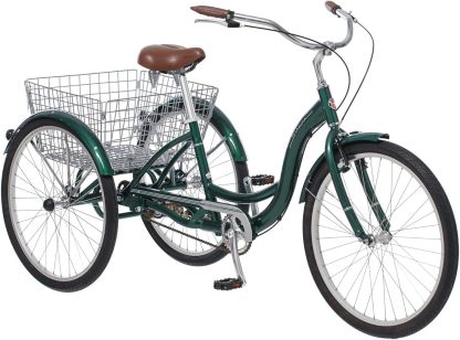 Schwinn Meridian Adult Tricycle Bike, Three Wheel Beach Cruiser, 24 & 26-Inch Wheels, Low Step-Through Aluminum Frame, Adjustable Handlebars, Large Cruiser Seat, Rear Folding Basket