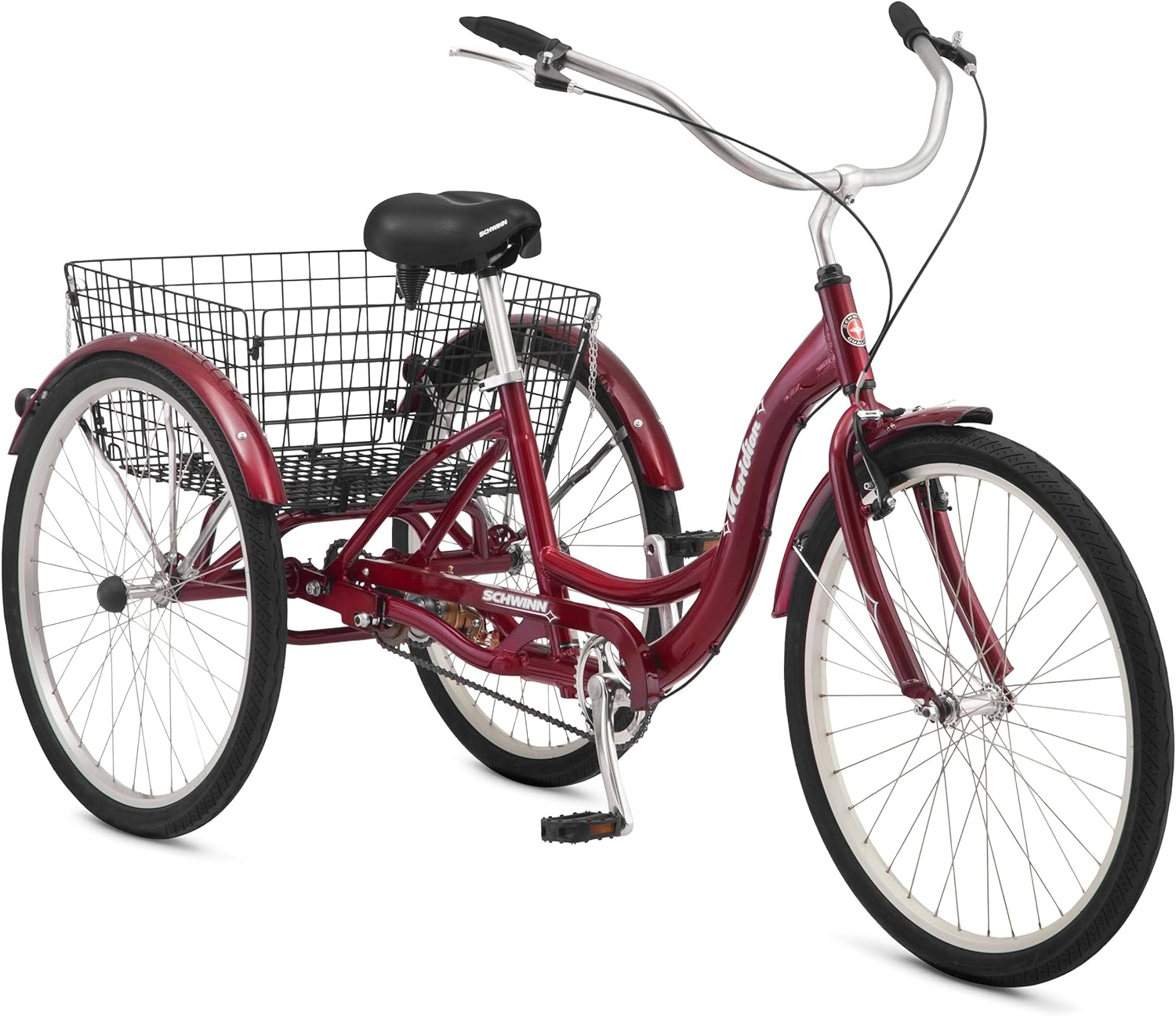 Schwinn Meridian Adult Tricycle Bike, Three Wheel Beach Cruiser, 24 & 26-Inch Wheels, Low Step-Through Aluminum Frame, Adjustable Handlebars, Large Cruiser Seat, Rear Folding Basket