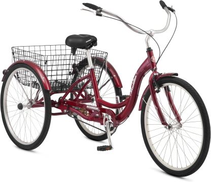 Schwinn Meridian Adult Tricycle Bike, Three Wheel Beach Cruiser, 24 & 26-Inch Wheels, Low Step-Through Aluminum Frame, Adjustable Handlebars, Large Cruiser Seat, Rear Folding Basket