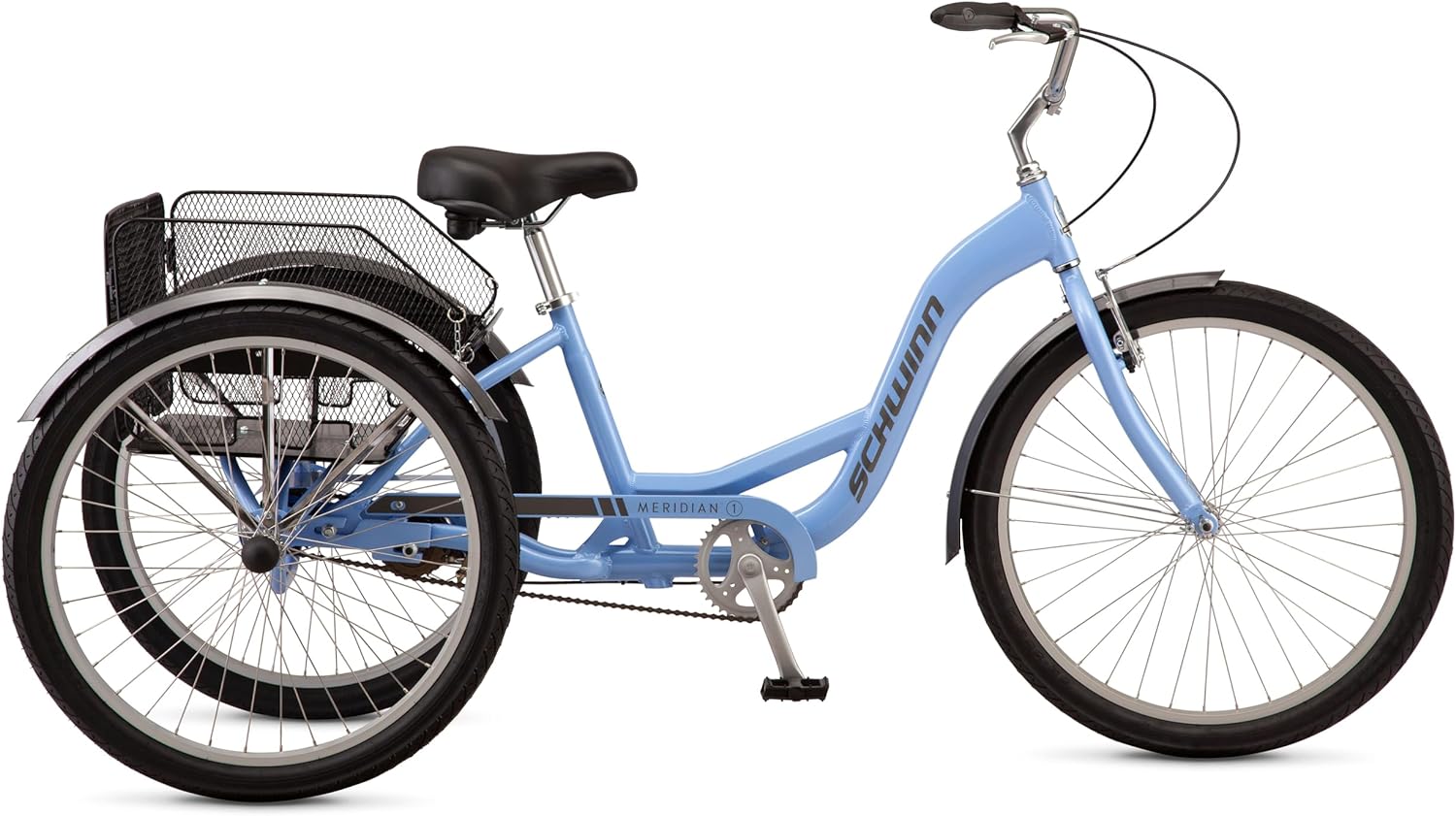 Schwinn Meridian Adult Tricycle Bike, Three Wheel Beach Cruiser, 24 & 26-Inch Wheels, Low Step-Through Aluminum Frame, Adjustable Handlebars, Large Cruiser Seat, Rear Folding Basket