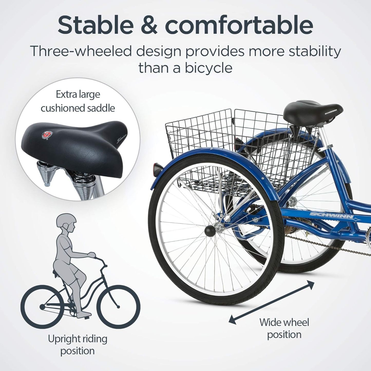 Schwinn Meridian Adult Tricycle Bike, Three Wheel Beach Cruiser, 24 & 26-Inch Wheels, Low Step-Through Aluminum Frame, Adjustable Handlebars, Large Cruiser Seat, Rear Folding Basket