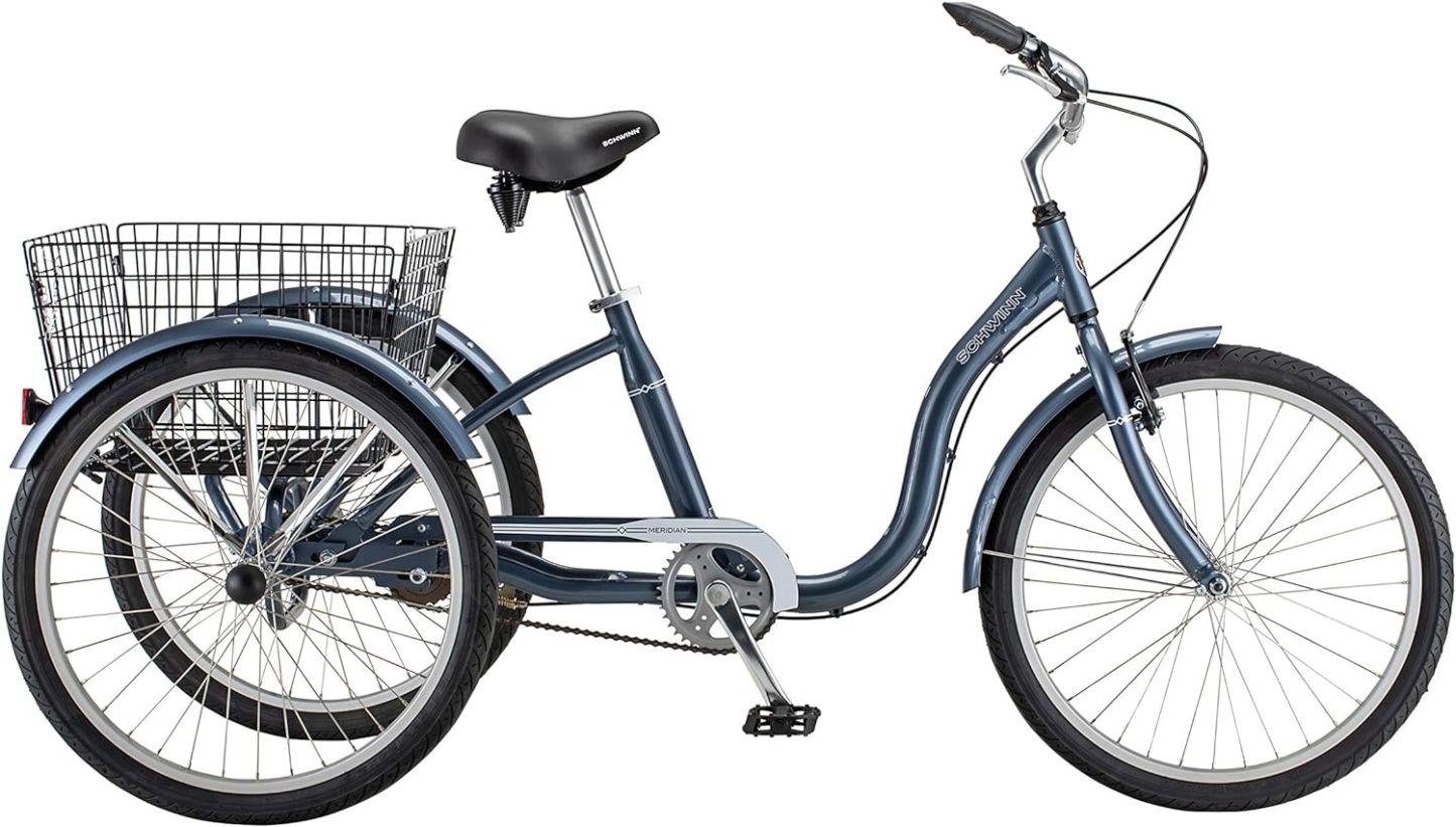 Schwinn Meridian Adult Tricycle Bike, Three Wheel Beach Cruiser, 24 & 26-Inch Wheels, Low Step-Through Aluminum Frame, Adjustable Handlebars, Large Cruiser Seat, Rear Folding Basket