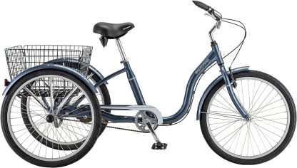 Schwinn Meridian Adult Tricycle Bike, Three Wheel Beach Cruiser, 24 & 26-Inch Wheels, Low Step-Through Aluminum Frame, Adjustable Handlebars, Large Cruiser Seat, Rear Folding Basket