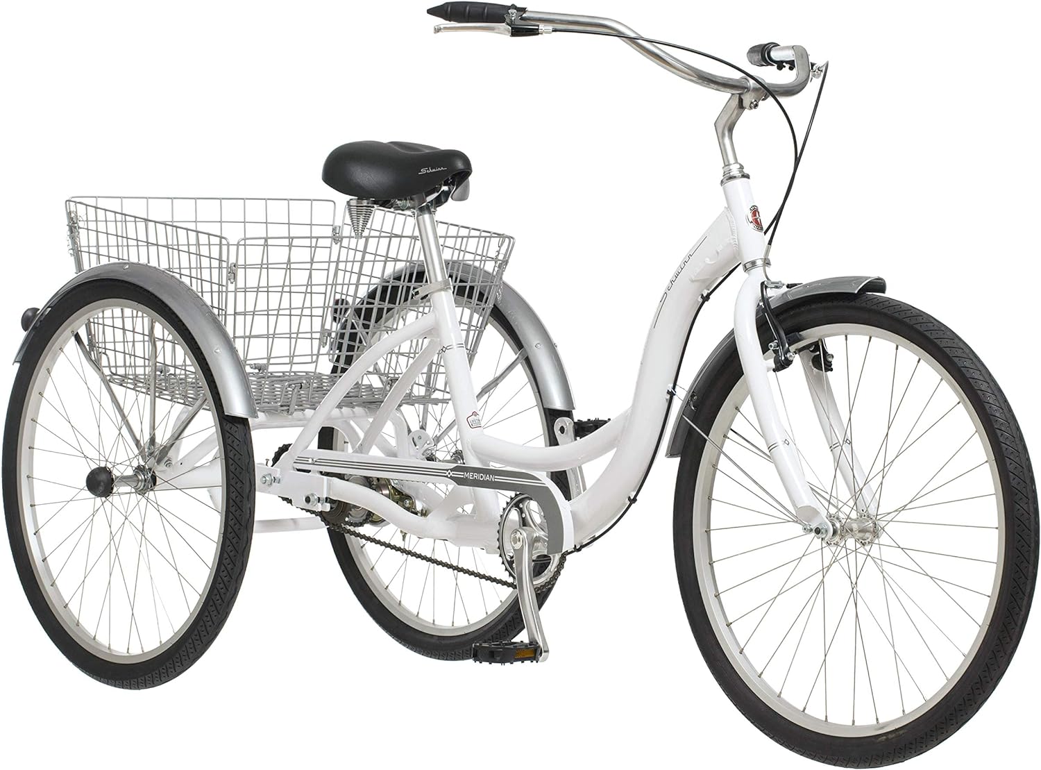 Schwinn Meridian Adult Tricycle Bike, Three Wheel Beach Cruiser, 24 & 26-Inch Wheels, Low Step-Through Aluminum Frame, Adjustable Handlebars, Large Cruiser Seat, Rear Folding Basket