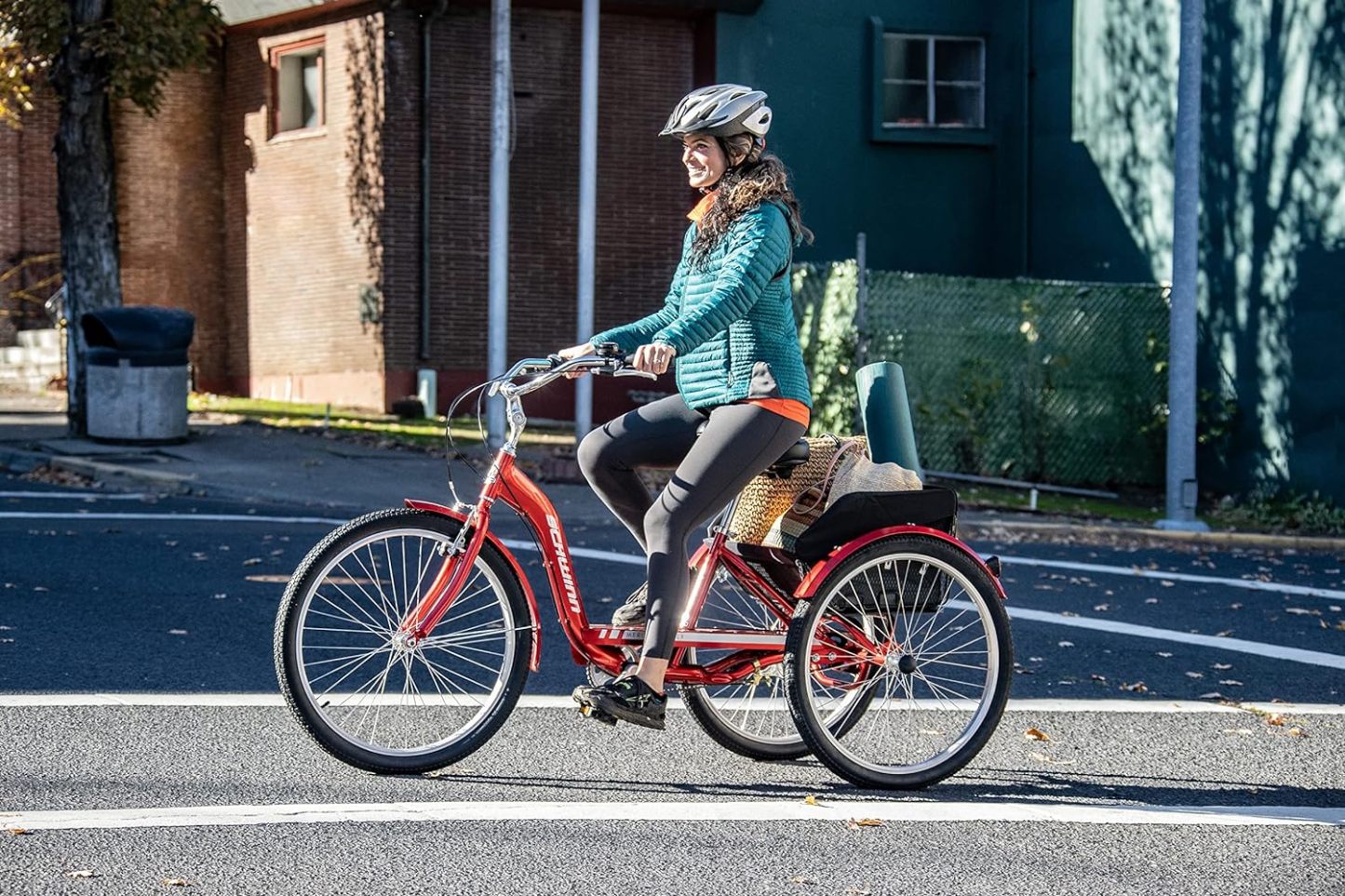 Schwinn Meridian Adult Tricycle Bike, Three Wheel Beach Cruiser, 24 & 26-Inch Wheels, Low Step-Through Aluminum Frame, Adjustable Handlebars, Large Cruiser Seat, Rear Folding Basket