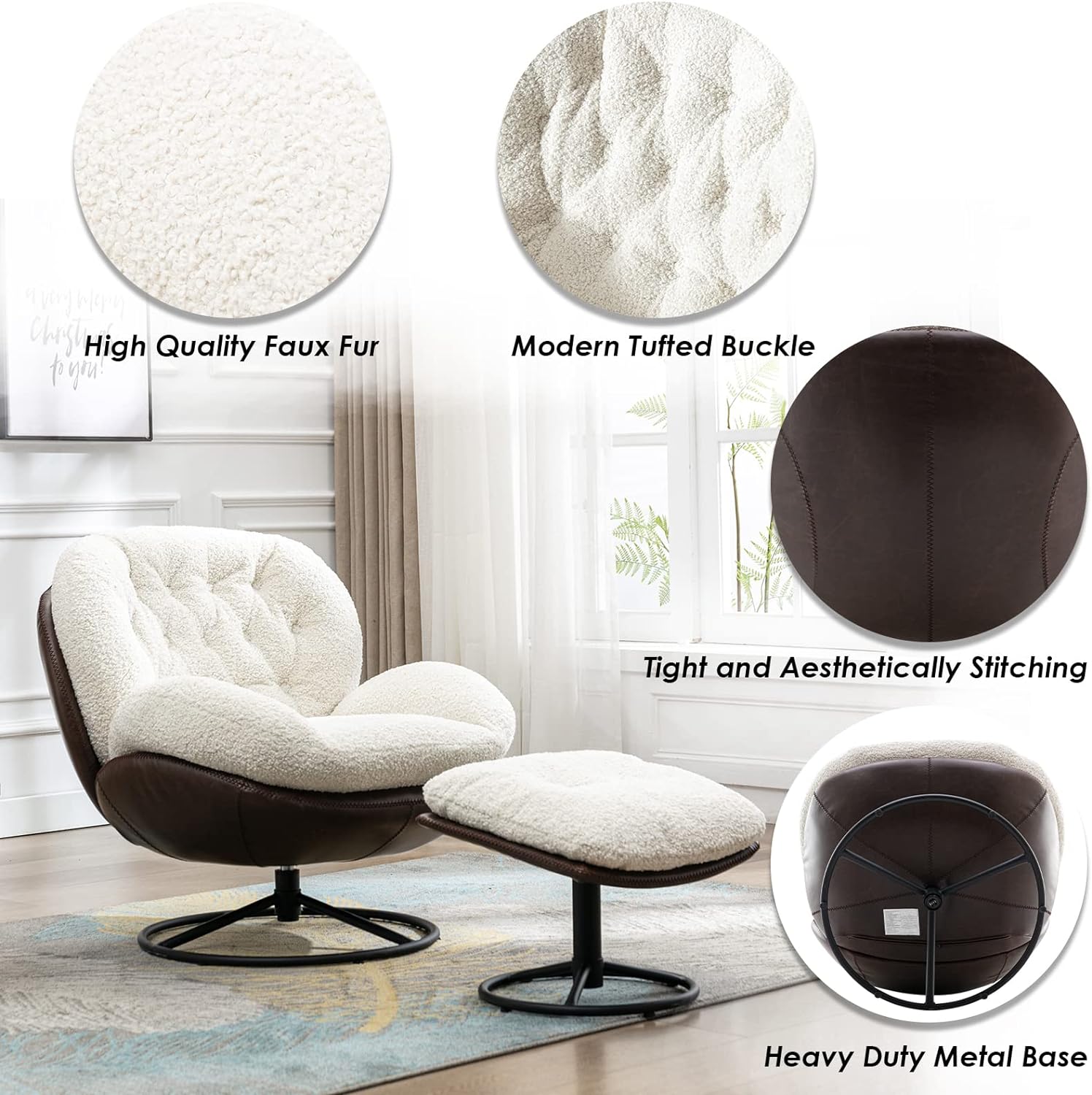 Mid-Century Modern Faux Fur Lounge Swivel Chair for Reading/Living Room/Bedroom