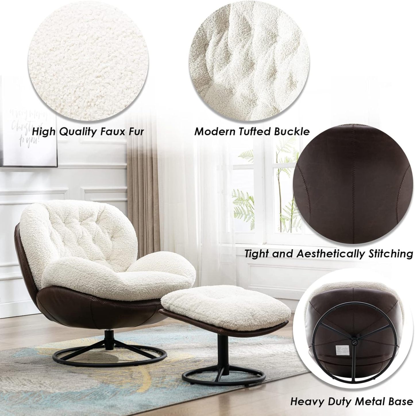 Mid-Century Modern Faux Fur Lounge Swivel Chair for Reading/Living Room/Bedroom