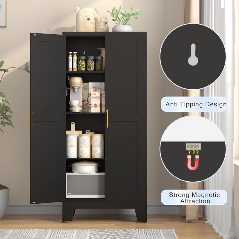 Metal Pantry Cabinet with 2 Doors and Adjustable Shelves - 61" Kitchen Storage Cabinet with Gold Handles - Versatile Storage for Kitchen, Bathroom, Dining Room, Utility Room Furniture mothersdaygift Metal Pantry Cabinet with 2 Doors and Adjustable Shelves - 61" Kitchen Storage Cabinet with Gold Handles - Versatile Storage for Kitchen, Bathroom, Dining Room, Utility Room Furniture mothersdaygift