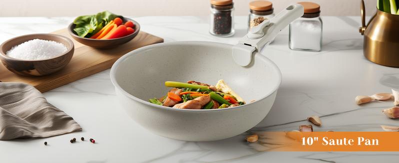 12 Pcs Pots and Pans Set, White Granite Nonstick Cookware Sets Detachable Handle, Stackable Induction Kitchen Cooking Set, Stain & Scratch-resistant