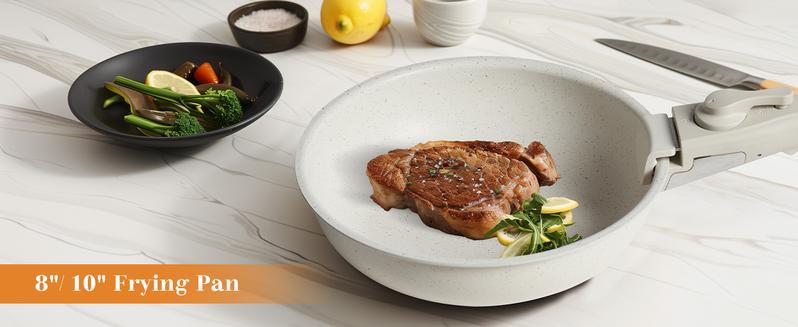 12 Pcs Pots and Pans Set, White Granite Nonstick Cookware Sets Detachable Handle, Stackable Induction Kitchen Cooking Set, Stain & Scratch-resistant