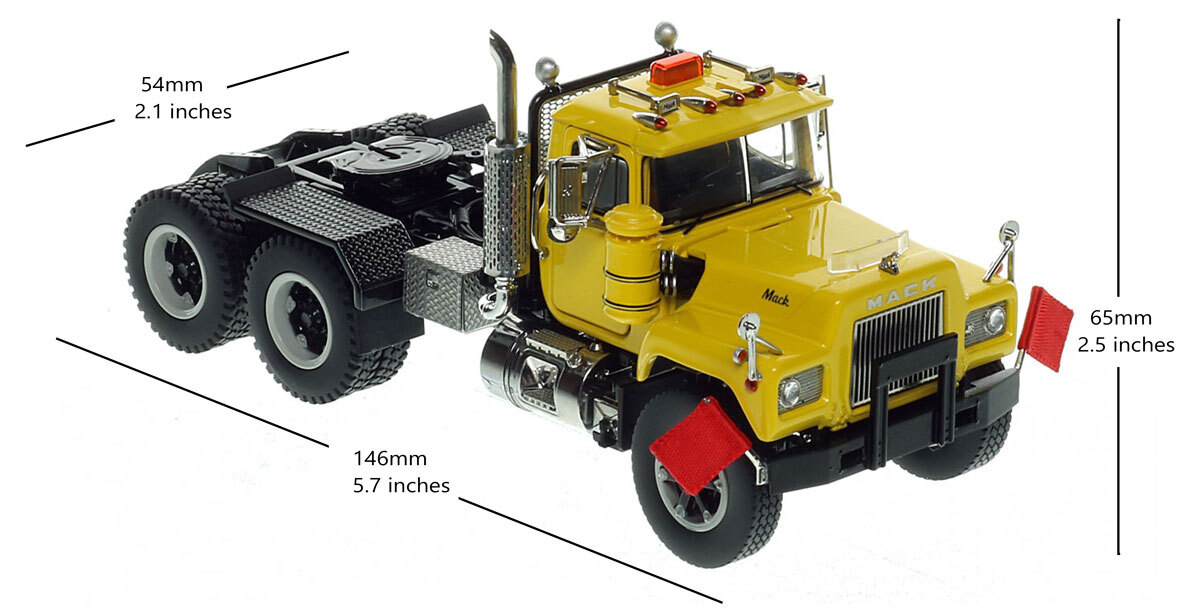 Dimensions of 1:50 scale diecast model of Mack R600 Tandem Axle Tractor - Yellow 1021 over Black