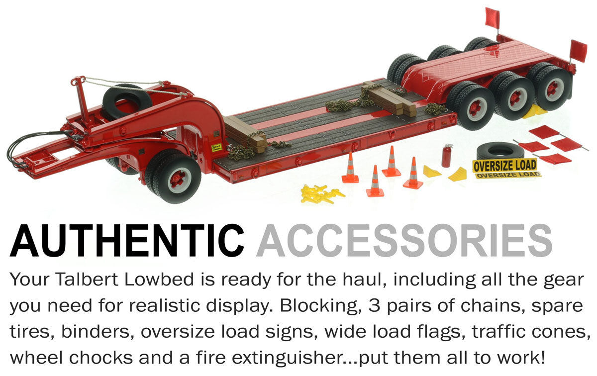 Accessories of 1:50 scale  1960s Talbert 60-Ton Cableneck Lowbed with Single-Axle Dolly - Viper Red