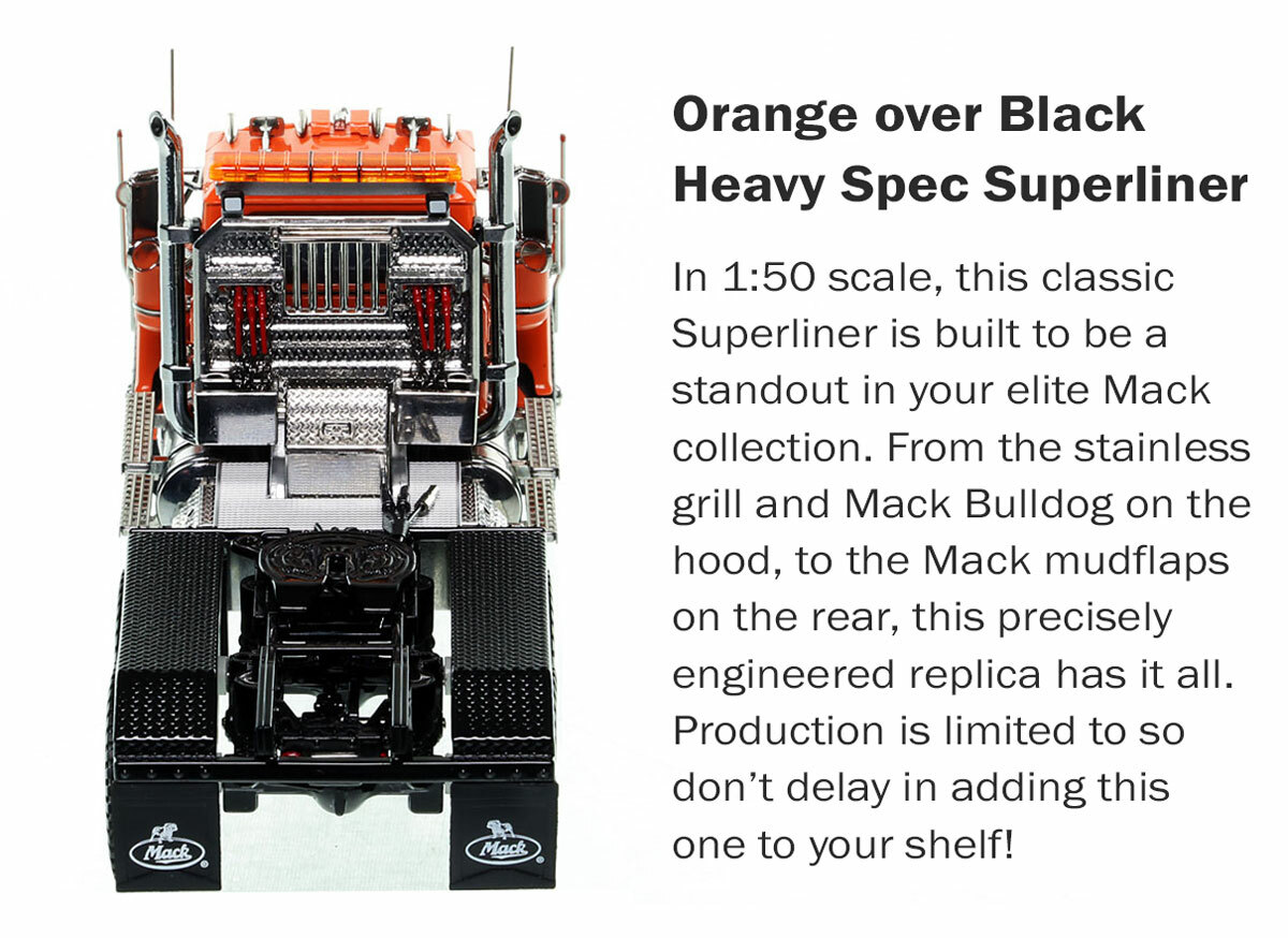 Mack Superliner Heavy Spec Tandem Axle Tractor - Orange over Black Dimensions