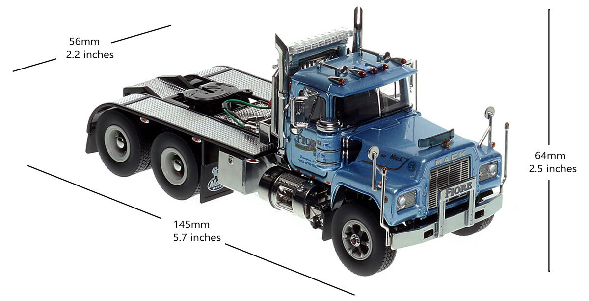 Dimensions of 1:50 scale diecast model of Fiore Asphalt Paving 1987 Mack R686ST tandem axle tractor