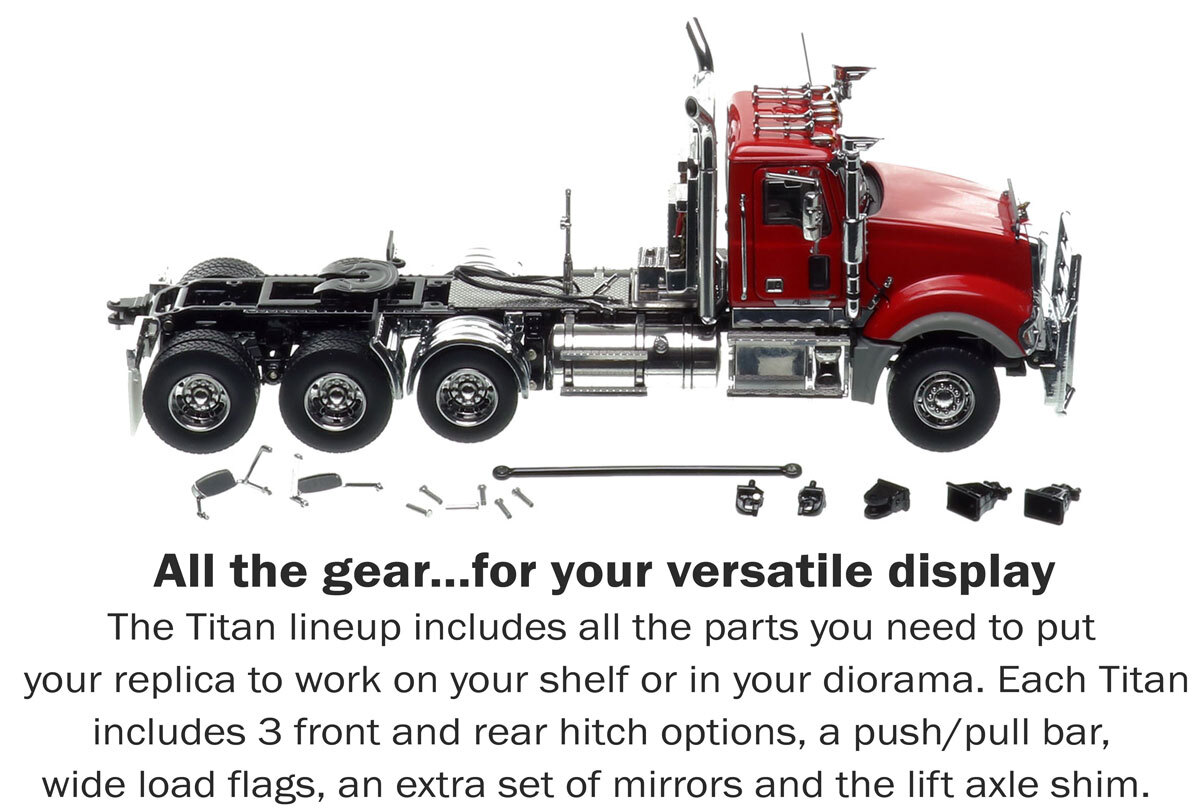 Accessories included with the 1:50 scale Mack Titan Tri-axle Tractor - DHH Red over Black