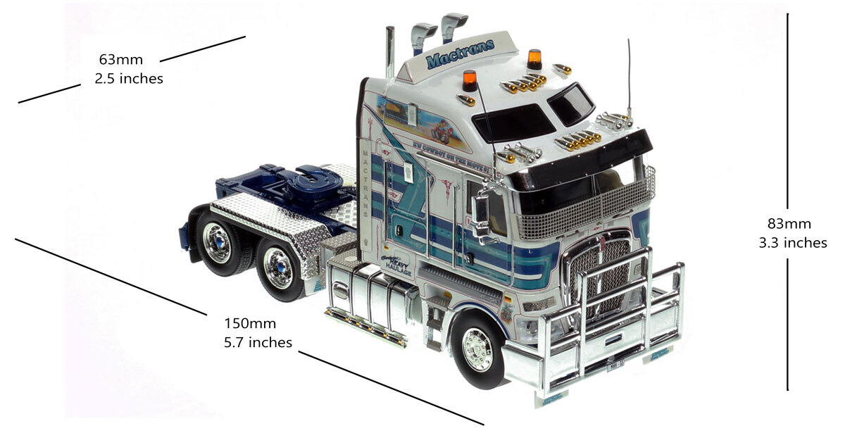 Dimensions of 1:50 scale diecast model of  Kenworth K200 2.8m Cab Tractor - Mactrans Heavy Haulage "The Outcast" AU