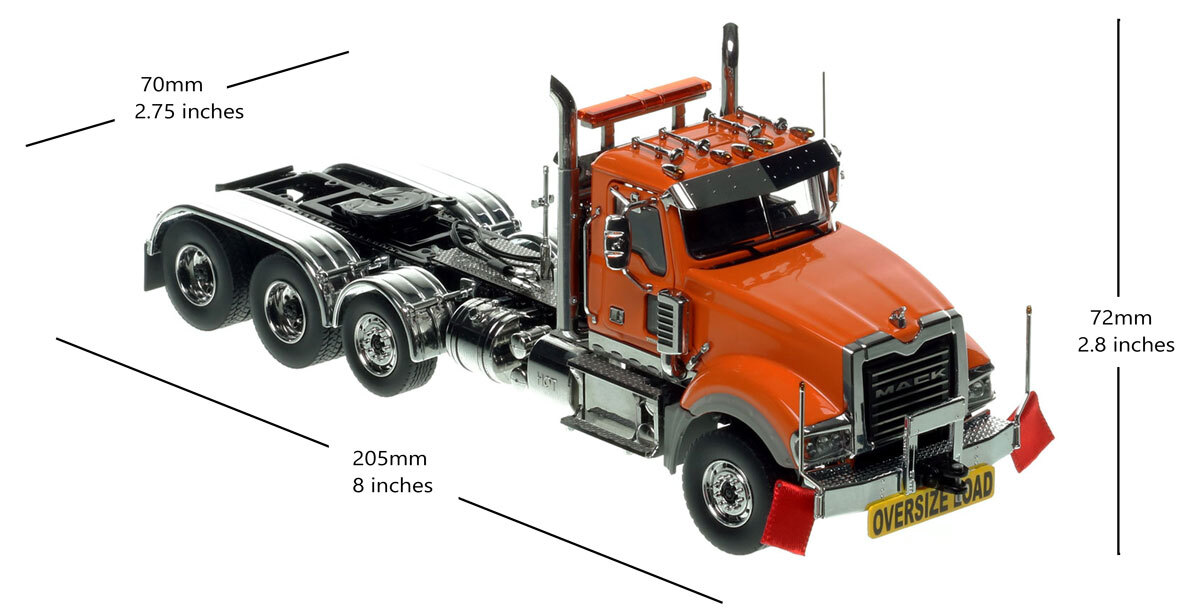 Dimensions of 1:50 scale Mack Titan Tri-axle Tractor - Orange over Black