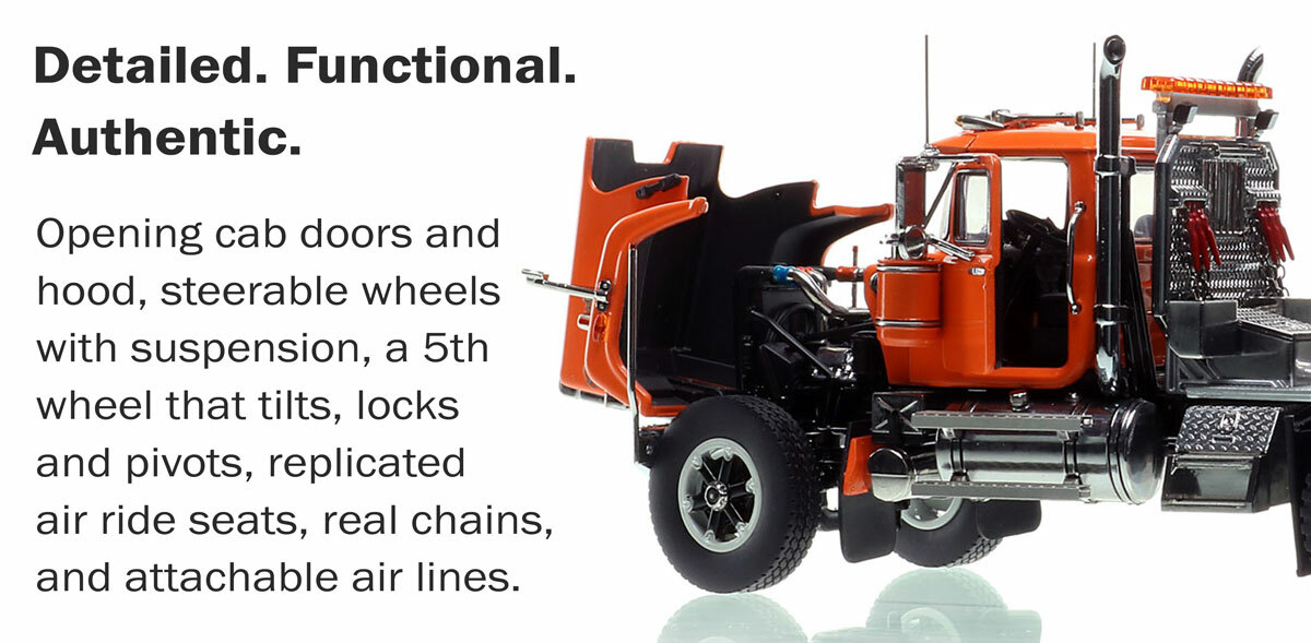 Mack Superliner Heavy Spec Tandem Axle Tractor - Orange over Black Features