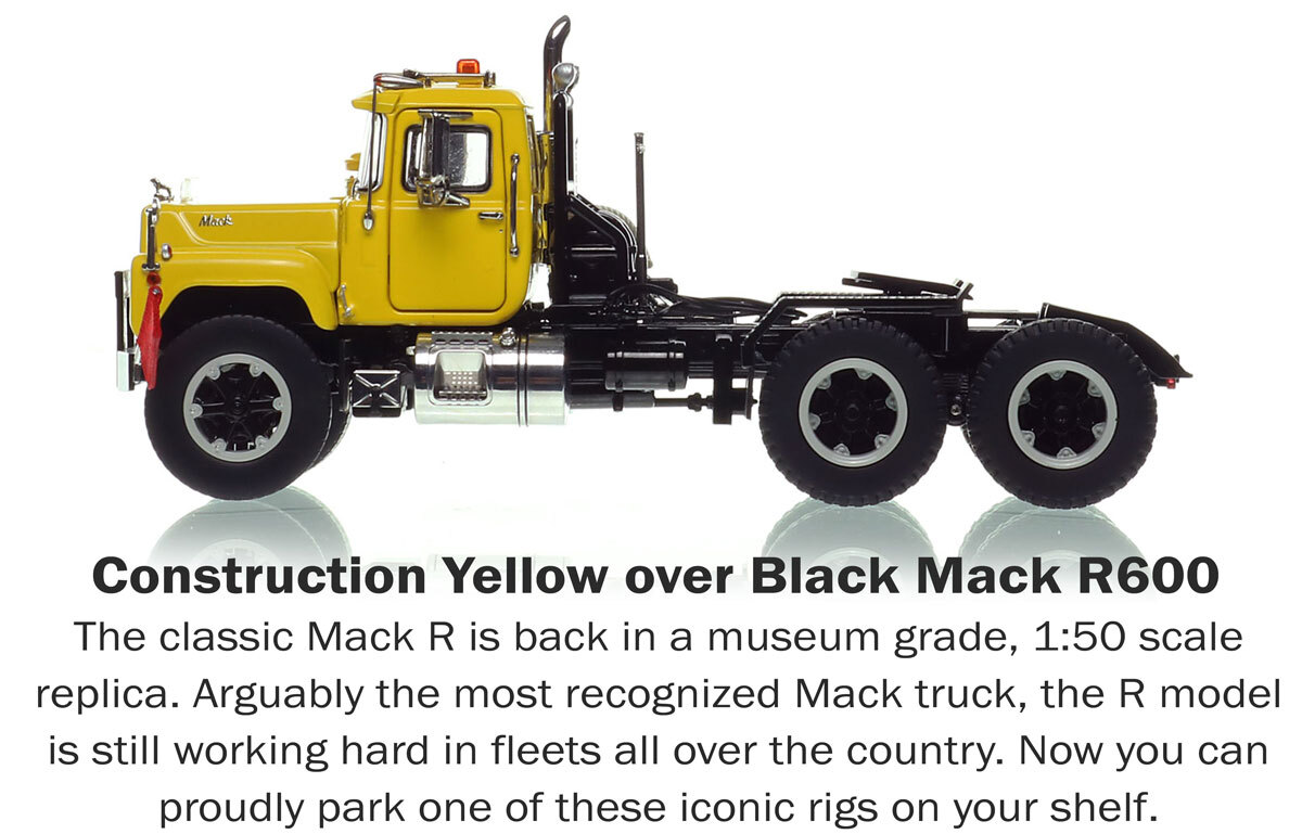 1:50 scale diecast model of Mack R600 Tandem Axle Tractor - Yellow 1021 over Black