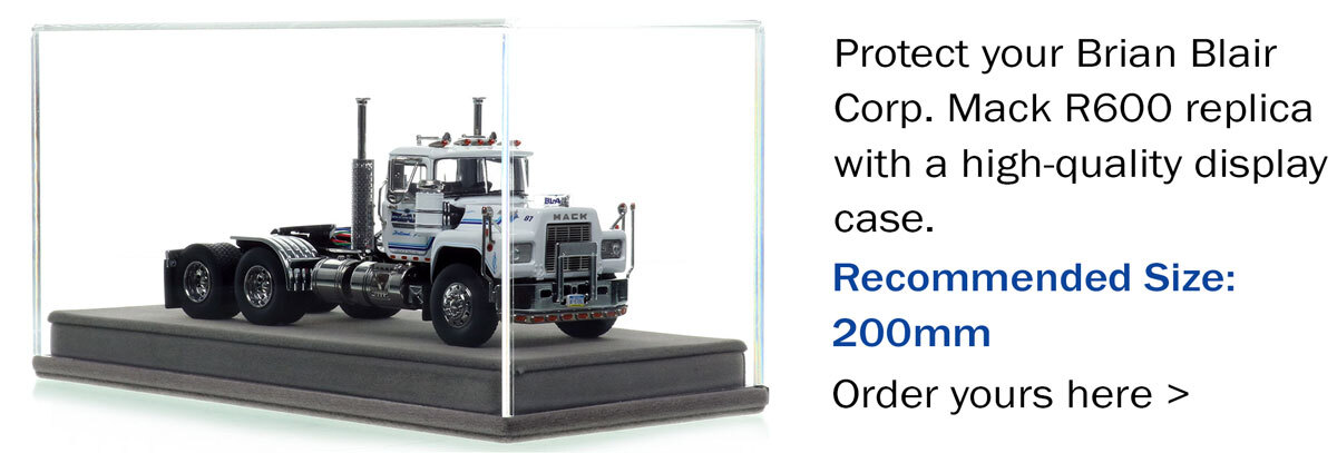 Display case for 1:50 scale diecast model of Brian Blair 1987 Mack R600 tandem axle tractor