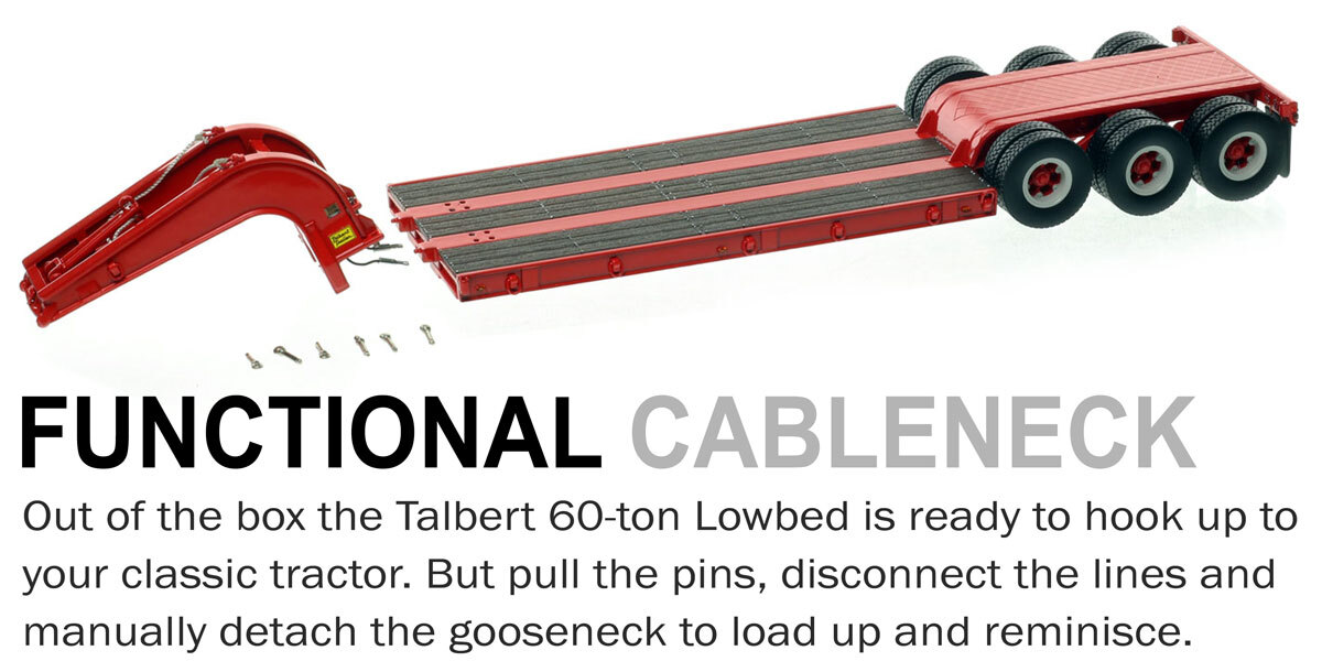 Functionality of 1:50 scale  1960s Talbert 60-Ton Cableneck Lowbed with Single-Axle Dolly - Viper Red
