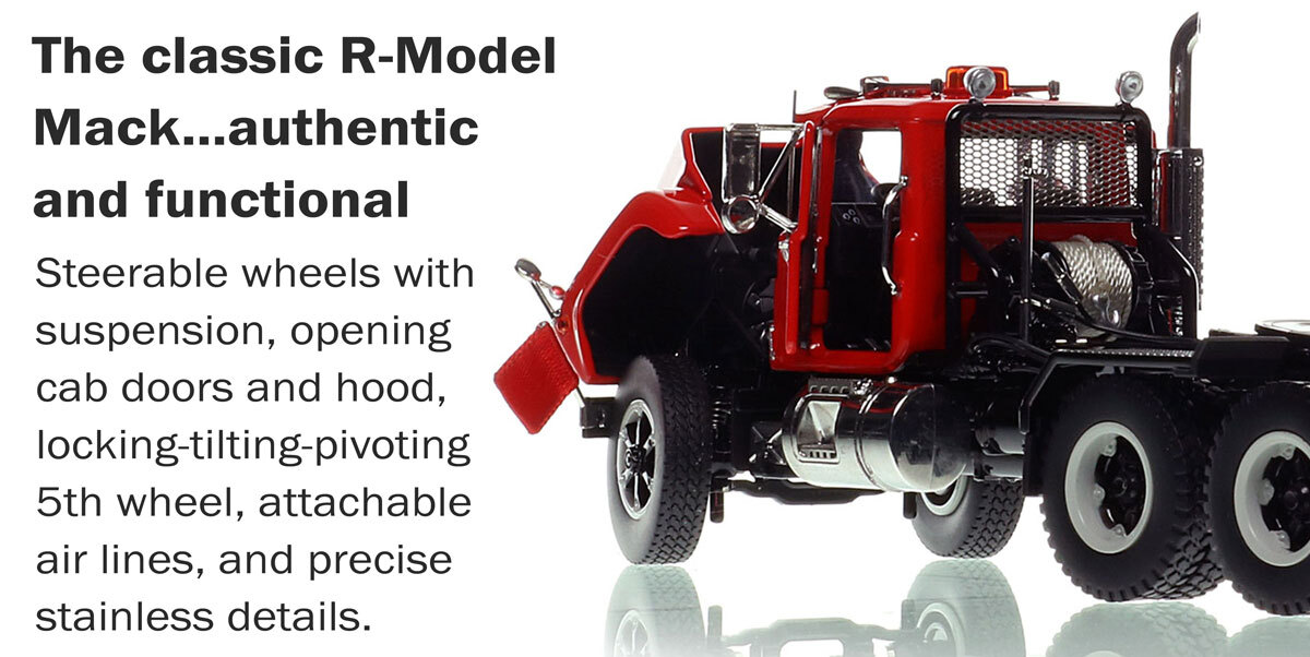 More functionality of 1:50 scale model of Mack R600 Tandem Axle Tractor - Viper Red over Black