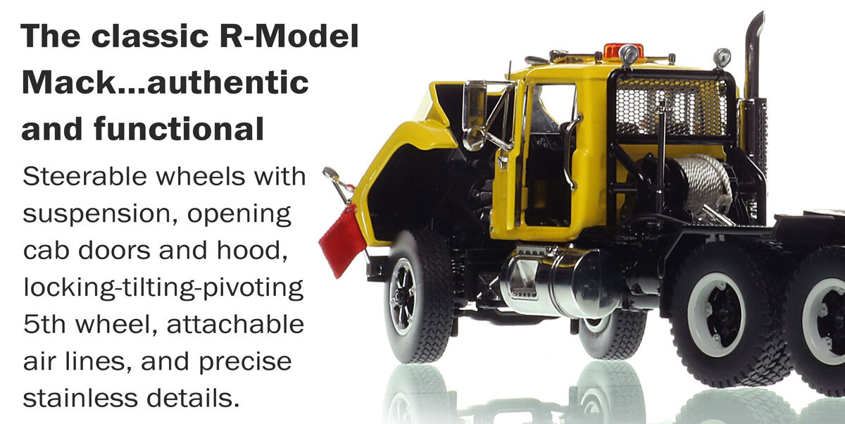 More functionality of the 1:50 scale diecast model of Mack R600 Tandem Axle Tractor - Yellow 1021 over Black