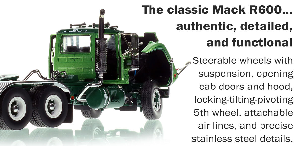 Functions of 1:50 scale model of Aggregate & Cement Trucking 1989 Mack R688ST tandem axle tractor