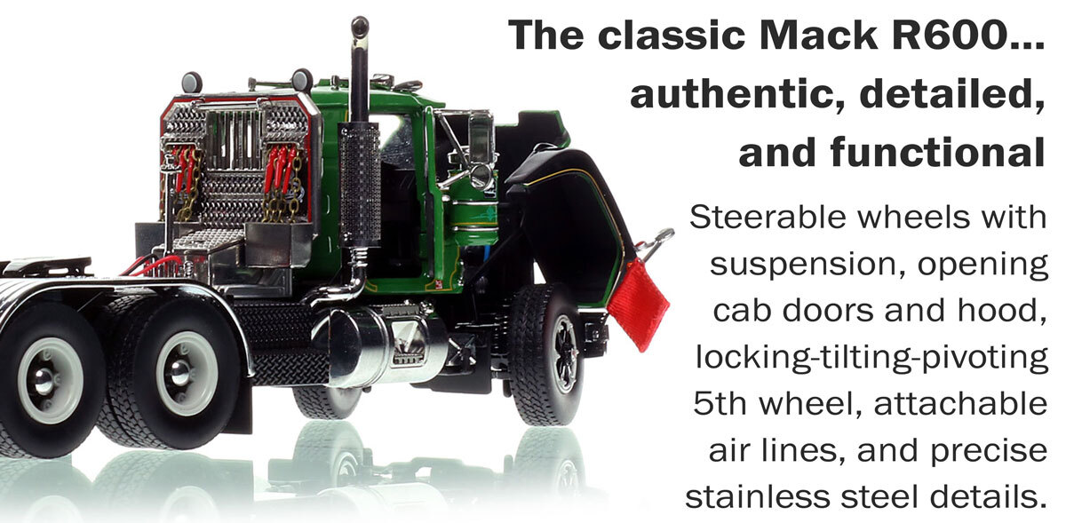 Functions of 1:50 scale model of Damigella Collection 1978 Mack R tandem axle tractor