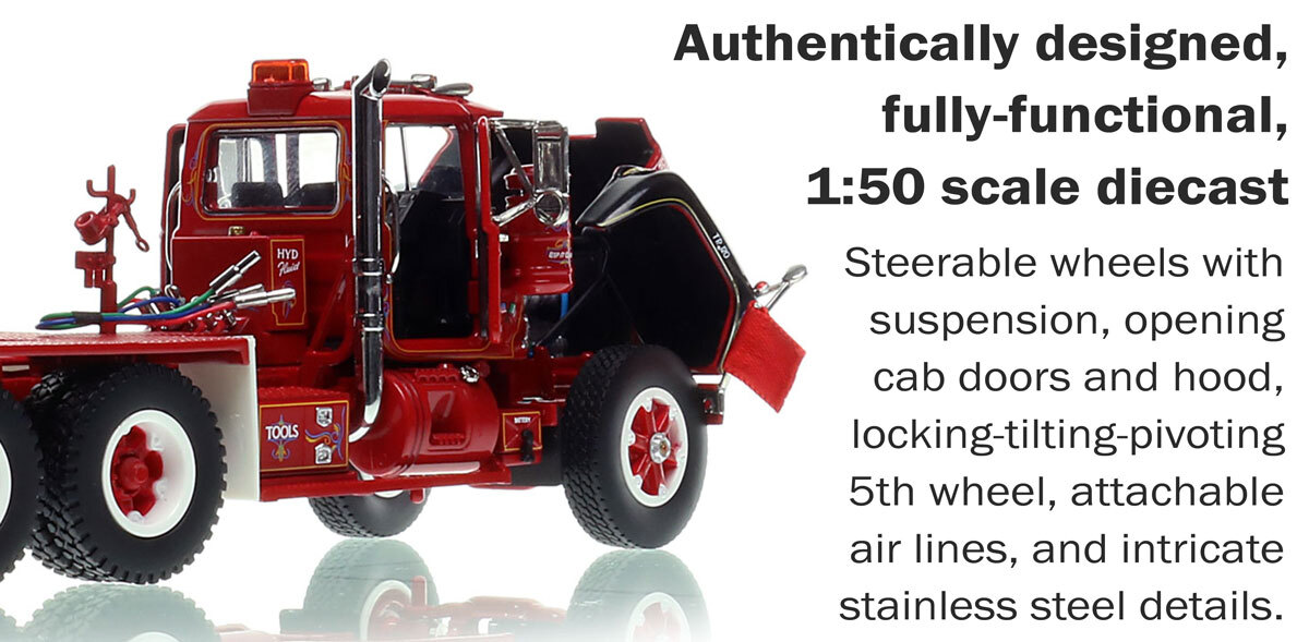 Functionality of 1:50 scale model of DeBerardinis Heavy Haul 1988 Mack R tandem axle tractor
