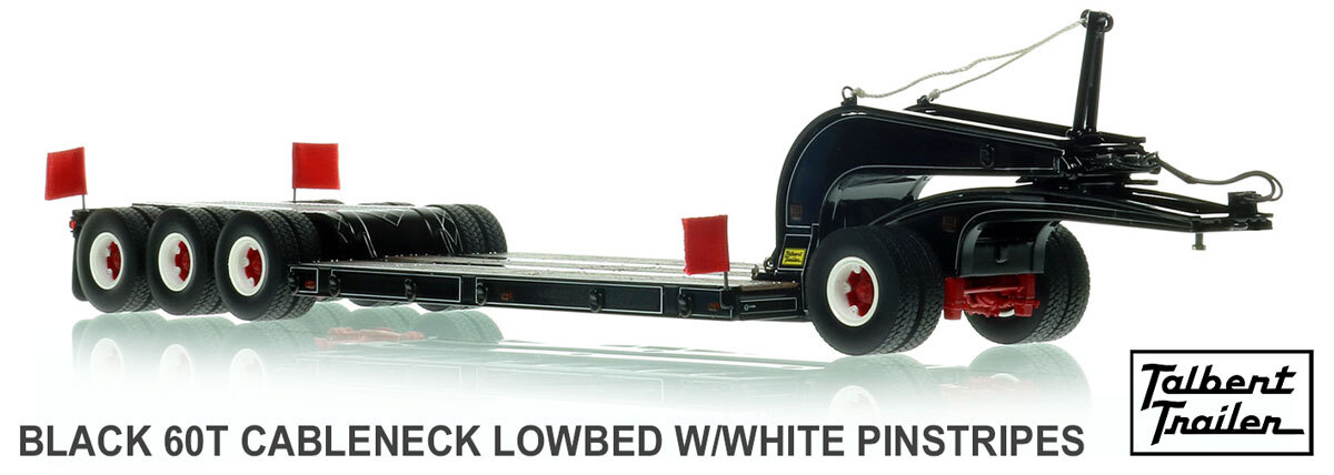 1:50 scale model of   1960s Talbert 60-Ton Cableneck Lowbed with Single-Axle Dolly - Black with White Pinstripes