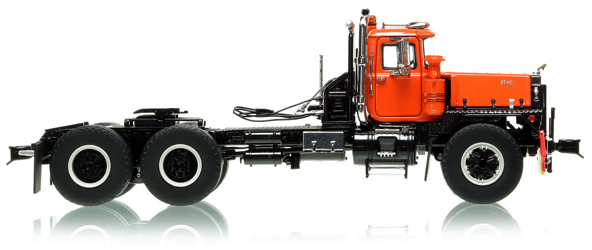 1:50 scale model of Mack RD800 Tandem Axle Tractor with Ballast - Orange over Black