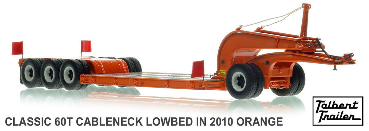 1:50 scale model of 1960s Talbert 60-Ton Cableneck Lowbed with Single-Axle Dolly - Orange 2010