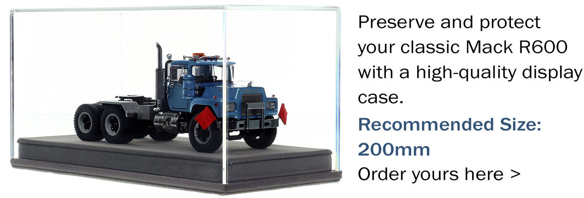 display case for 1:50 scale model of Mack R600 Tandem Axle Tractor - Metallic Light Blue