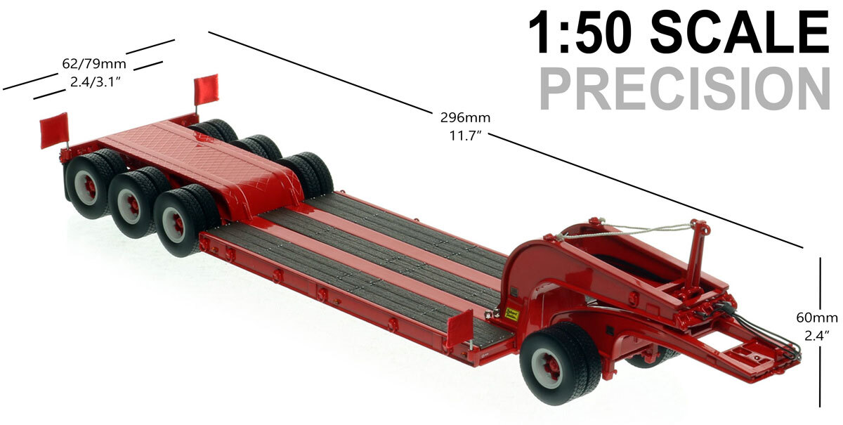 Dimensions of 1:50 scale  1960s Talbert 60-Ton Cableneck Lowbed with Single-Axle Dolly - Viper Red