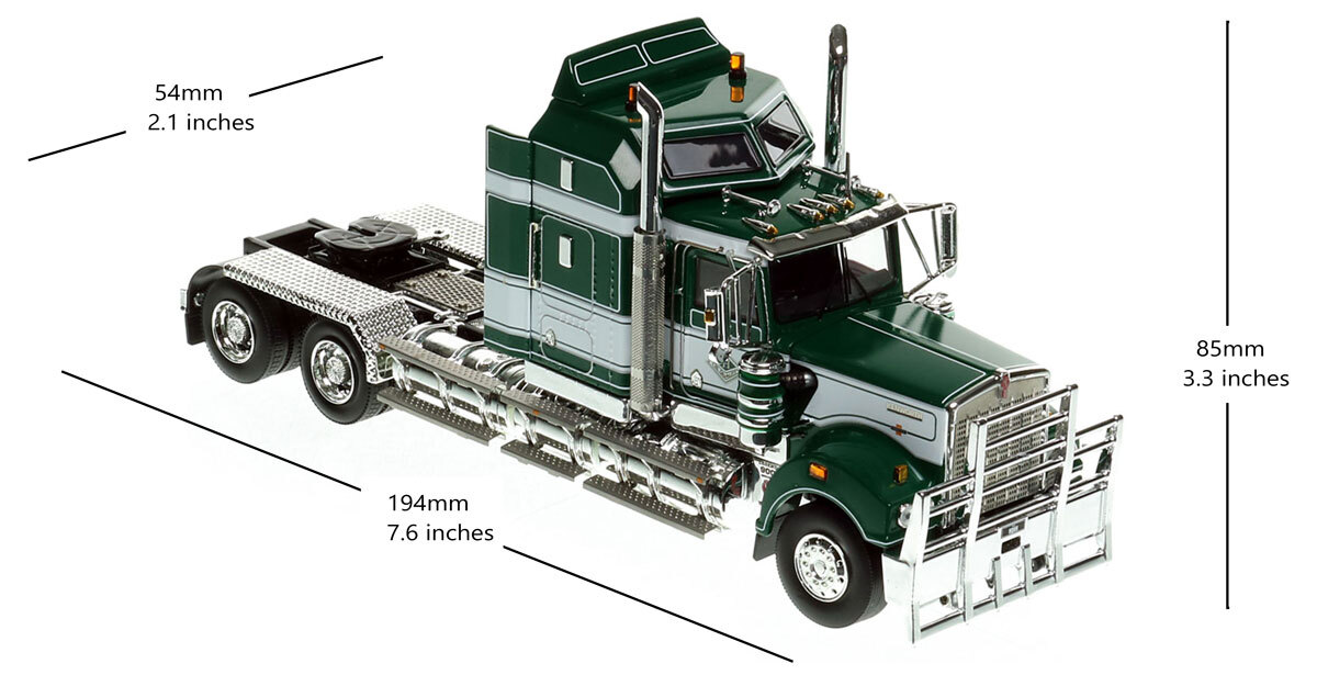 Dimensions of 1:50 scale model of  Kenworth T900 Tandem Axle Tractor - Hi-Quality Group AU