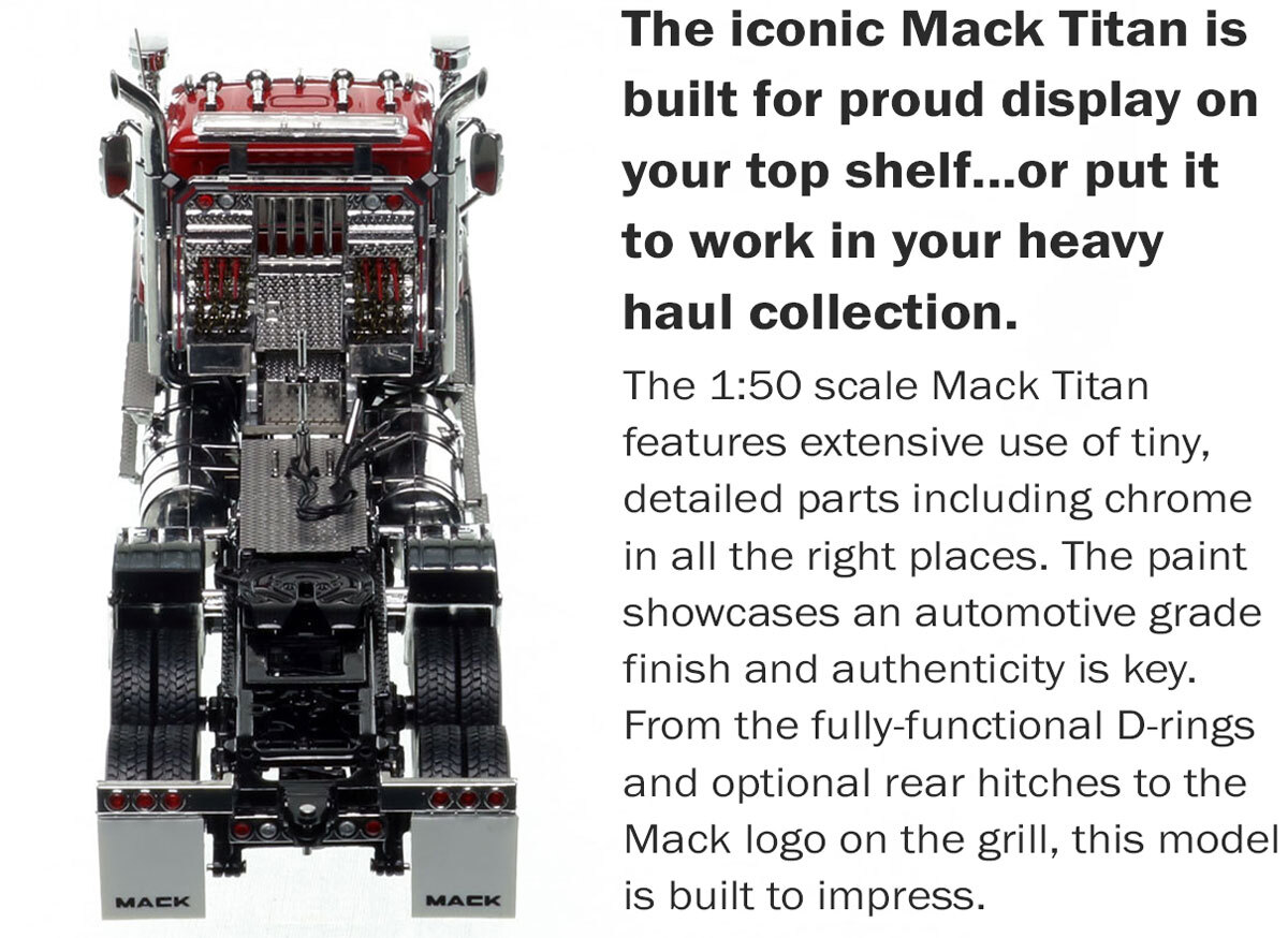 Functionality of 1:50 scale Mack Titan Tri-axle Tractor - DHH Red over Black