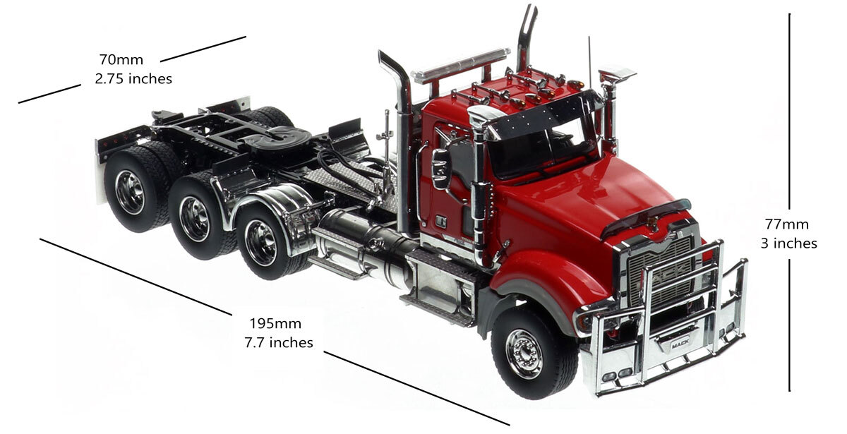 Dimensions of 1:50 scale Mack Titan Tri-axle Tractor - DHH Red over Black