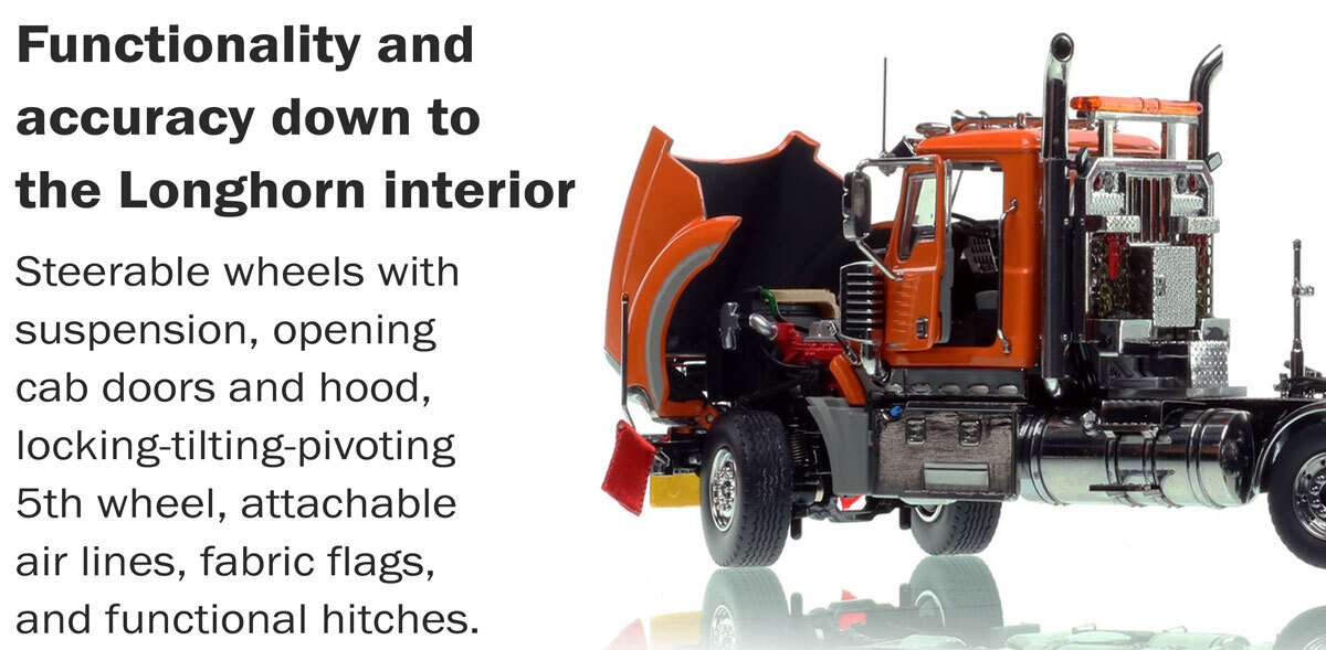 More functionality of 1:50 scale Mack Titan Tri-axle Tractor - Orange over Black